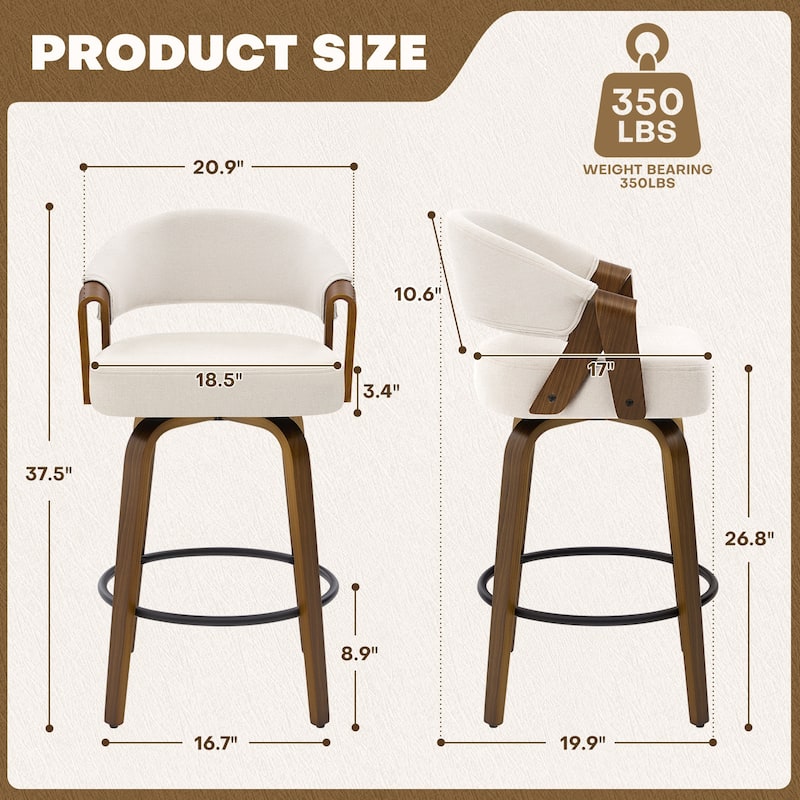 Mid-Century Upholstered Swivel Bar Stool/ Counter Stools with Curved Back - 37.5"H x 20.9"W x 19.9"D