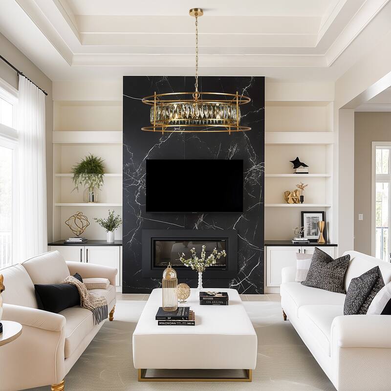 Modern Glam 6-Lights Crystal Chandelier Vintage Goldleaf Pendant Light Drum Kitchen Island Light for Dining Room