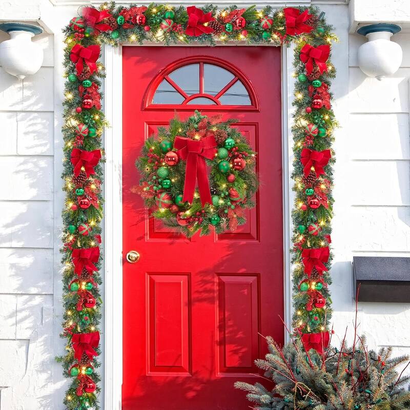 6 Feet Christmas Garland with Lights for Mantle with Red Green Balls - N/A