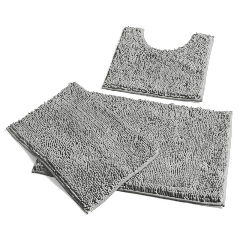 3 Piece Set Light Grey Soft Cozy Plush Chenille Bath Mat Bathroom Rug