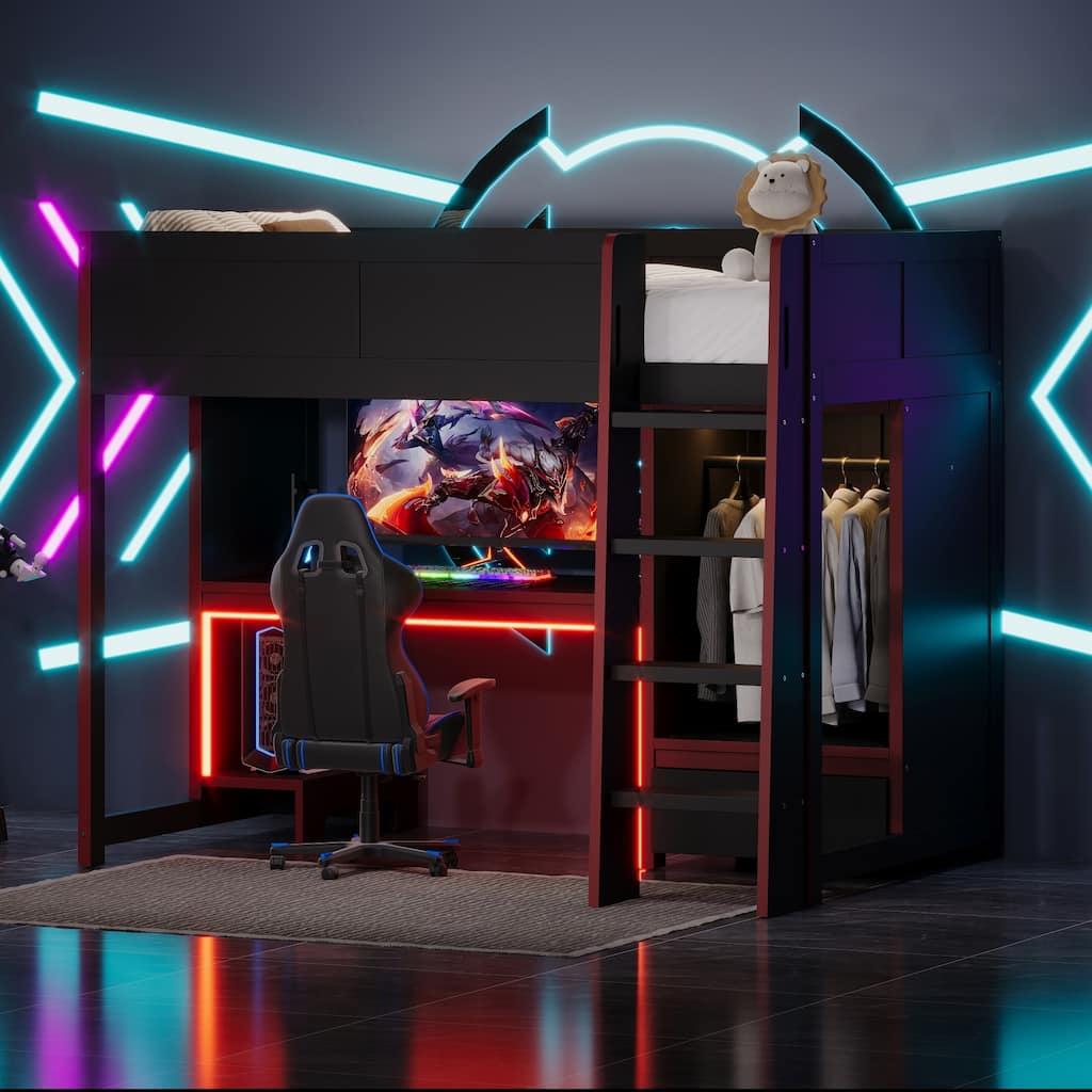 Twin Size Gaming Loft Bed with Built-in Desk, Wardrobe, LED Light, and Drawer