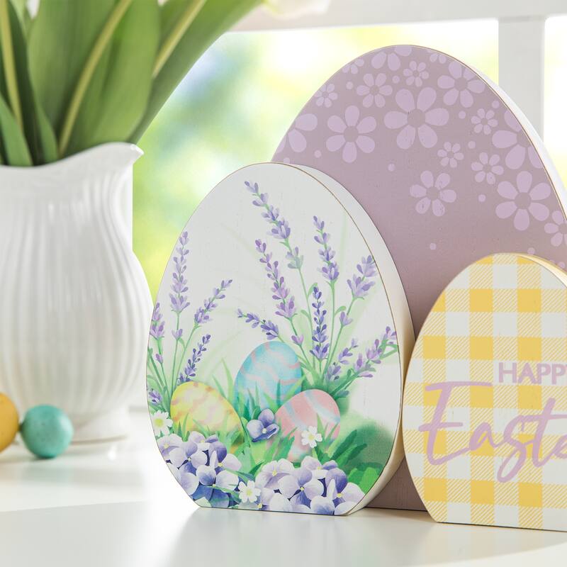 Glitzhome 7.75"/6"H Easter Wooden Patterned Eggs Table Decor Spring Gift
