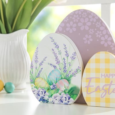 Glitzhome 7.75"/6"H Easter Wooden Patterned Eggs Table Decor Spring Gift