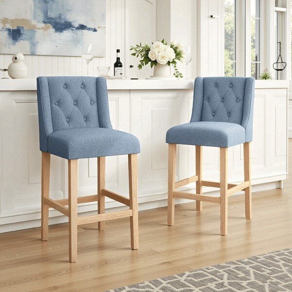 Seliva Barstool Chair Set of 2, Navy Blue Fabric, Tufted Back