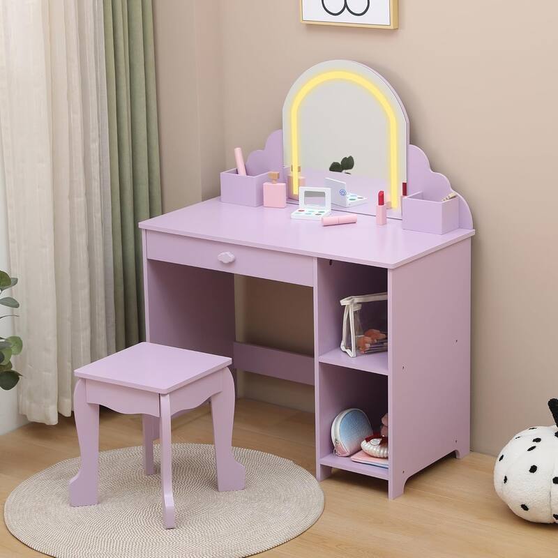 Kids Vanity Set with Lighted Mirror and Stool, Storage Drawer and Shelves for Girls Ages 3–9 - Purple