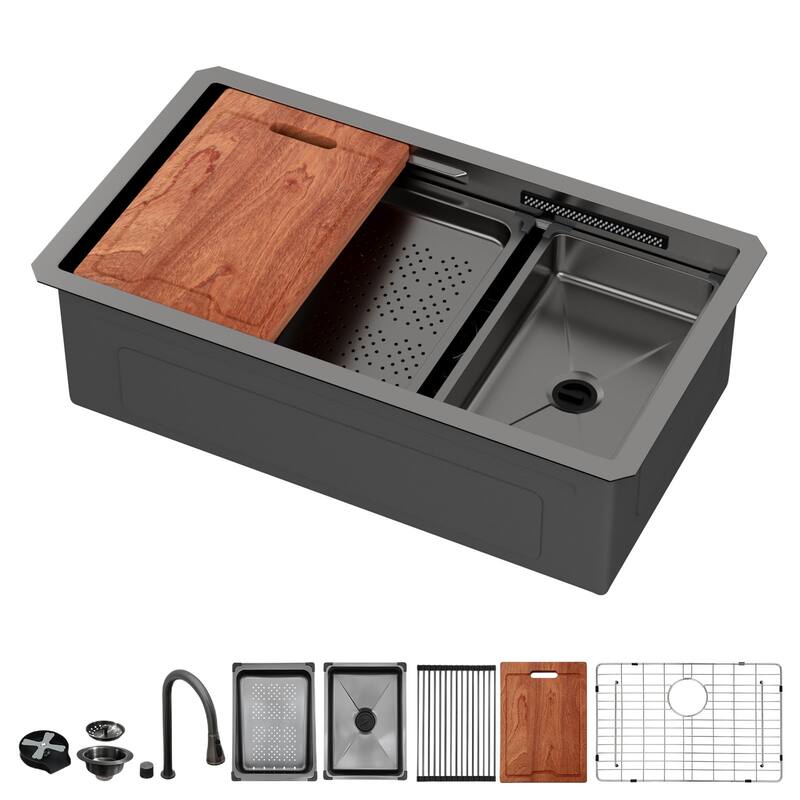 33" Undermount Waterfall Gunmetal Black Kitchen Sink - Single Bowl 16 Gauge Stainless Steel Ledge Workstation Kitchen Sinks