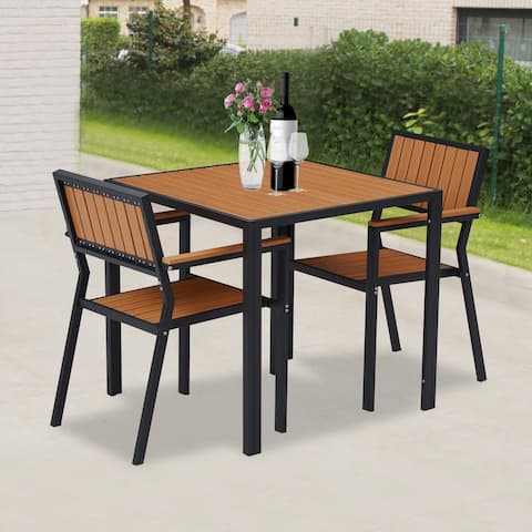 Kinsunny 3 Piece Patio Dining Set, Steel Frame Wooden Dining Set, 2 Wooden Chairs & Square Table