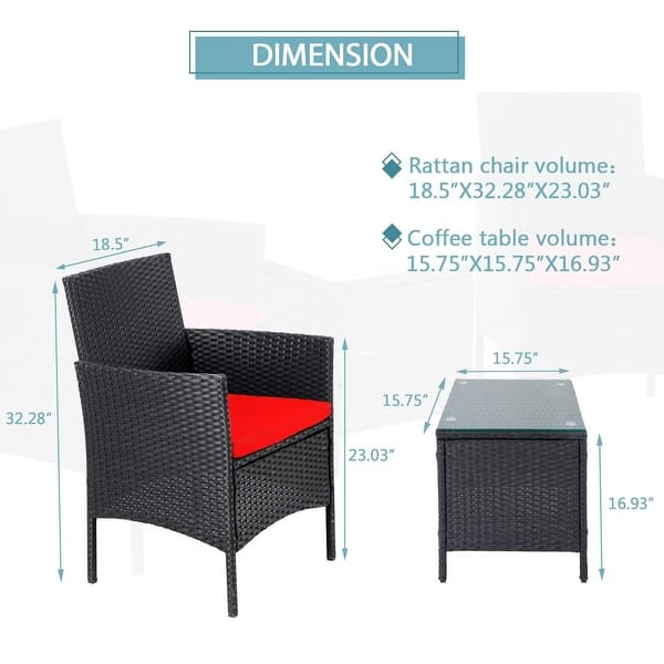 dimension image slide 7 of 9, Pheap Outdoor 3-piece Cushioned Wicker Bistro Set by Havenside Home