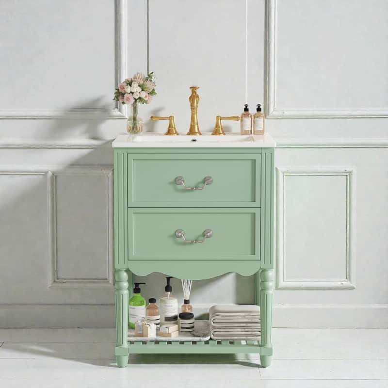 24'' Vintage Bathroom Vanity with Ceramic Sink, Freestanding Cabinet with 2 Drawers, Open Shelf