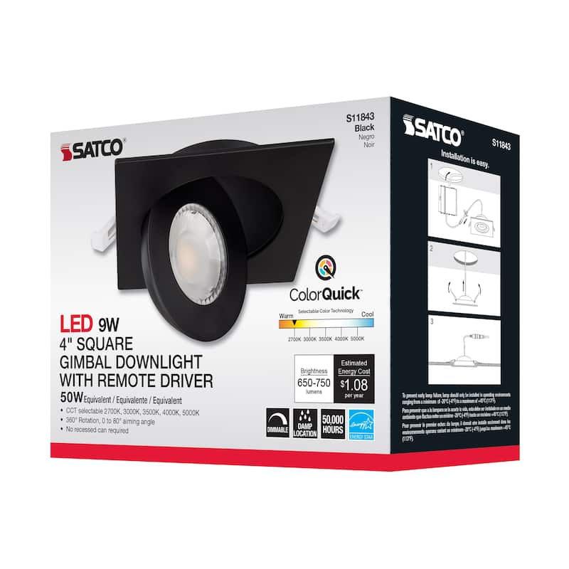 9 Watt CCT Selectable LED Direct Wire Downlight Gimbaled 4 Inch Square Remote Driver Black