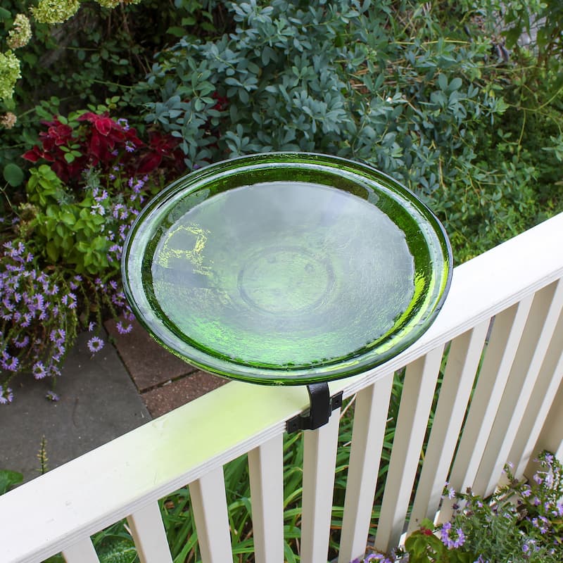 Achla Designs 14"Dia. Round Crackle Glass Birdbath w/Black Wrought Iron Over Rail Bracket