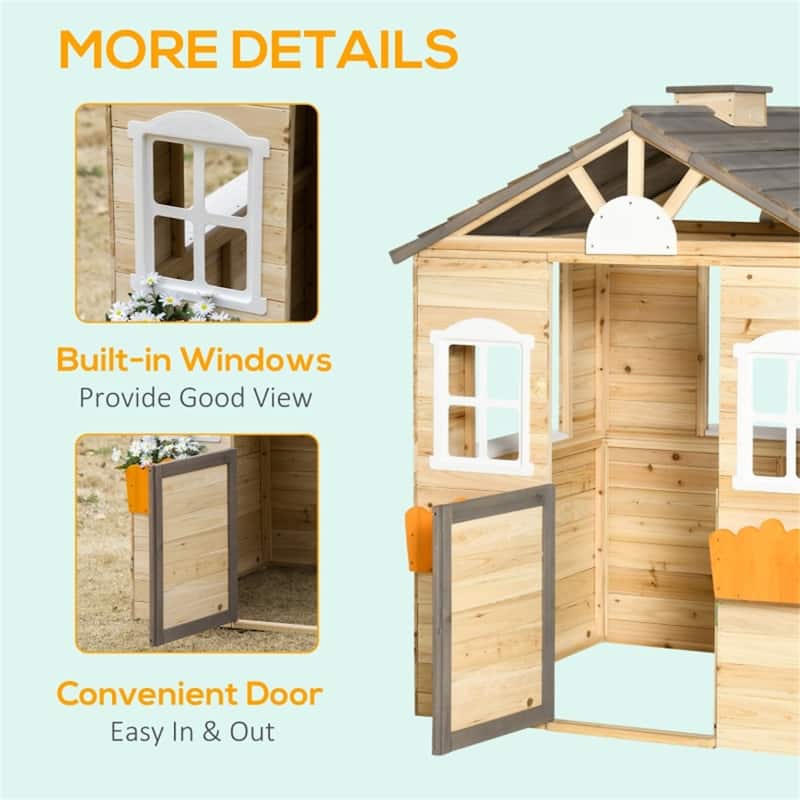 Natural Gray White and Orange Wooden Kids Outdoor Playhouse with Bench Service Station and Flowerpot Holders