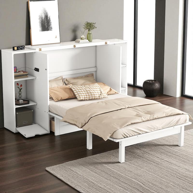 Full/Queen Size Murphy Wall Bed with Storage Shelves, Drawers and USB Charging Ports, Foldable Design