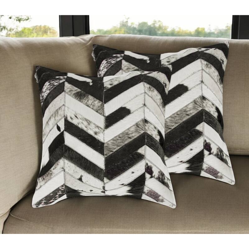 Set of Two 18" Black and Natural Chevron Cowhide Throw Pillows - Natural
