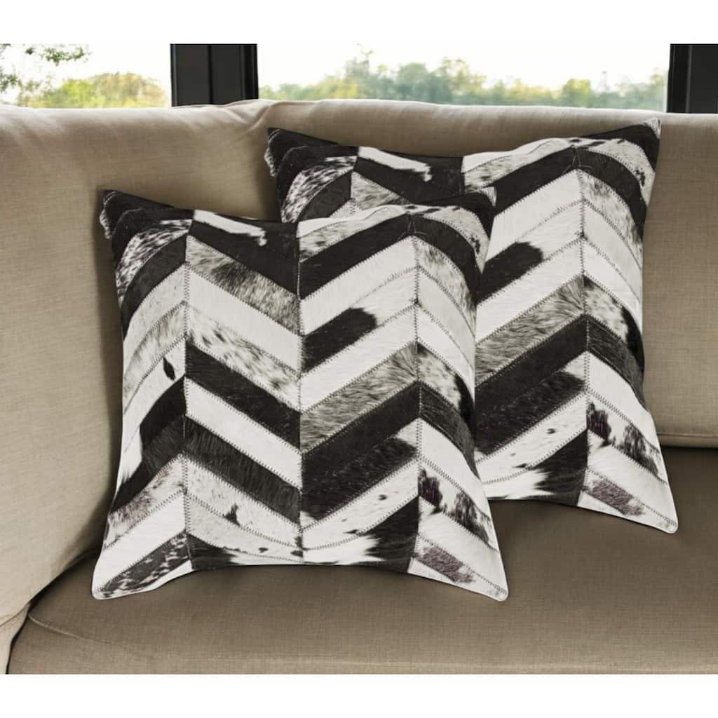 Set of Two 18" Black and Natural Chevron Cowhide Throw Pillows