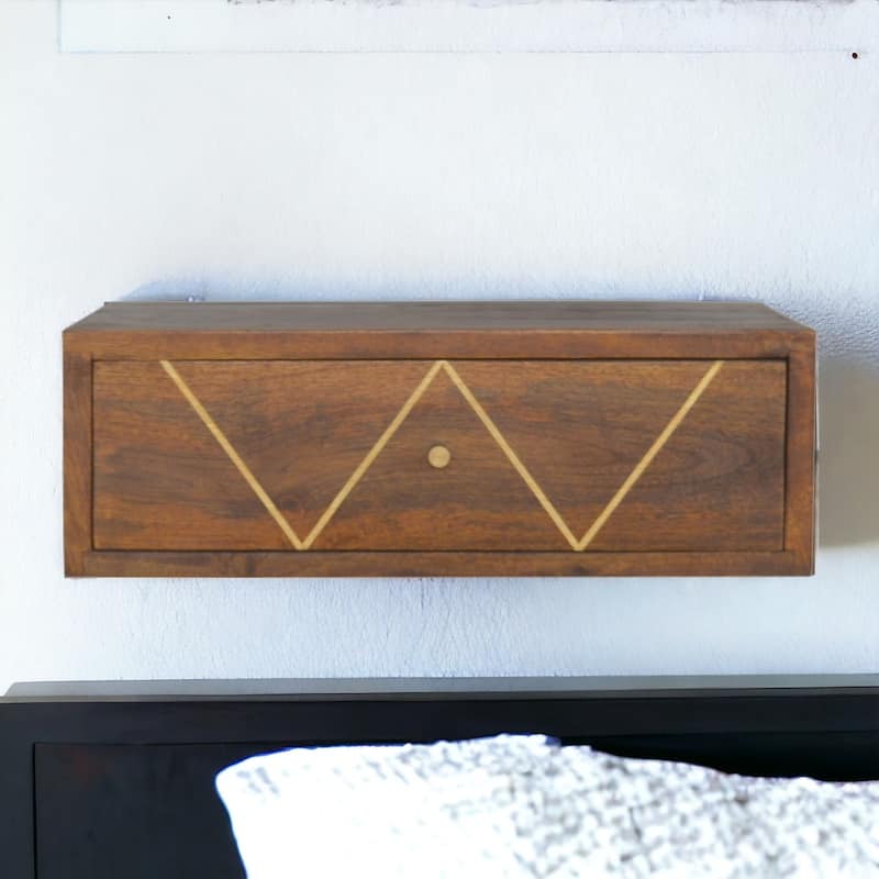 Minimalist Wall-Mounted Solid Wood Bedside with Gold Brass Drawer - Chestnut