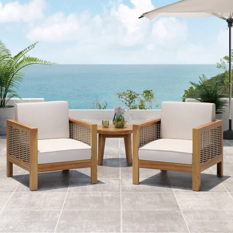 2 Piece Outdoor Patio Furniture Set Acacia Wood Club Chairs with Wicker Accent