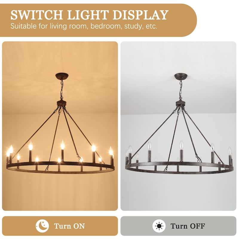 12-light Rustic Farmhouse Wagon Wheel Chandelier for Living Room - W37.99" x H90.55" - N/A