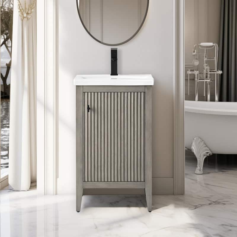 Vanity Art 20" Single Sink Bathroom Vanity Cabinet with Ceramic Top - 20"/Matte Black Handle - Linear Driftwood Gray