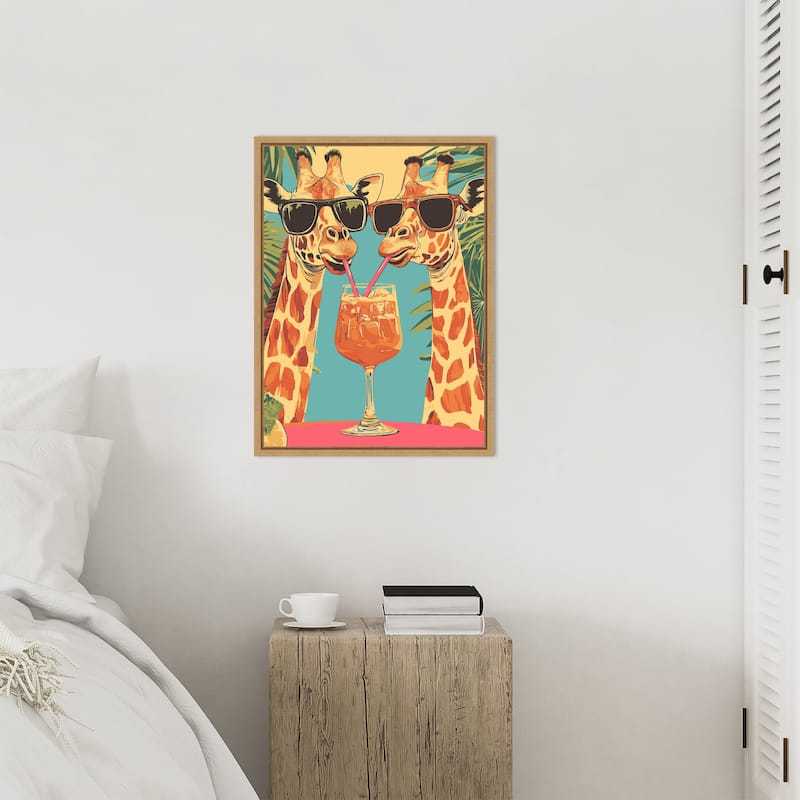 Giraffes Sharing a Drink by Andreas Magnusson Framed Canvas Wall Art