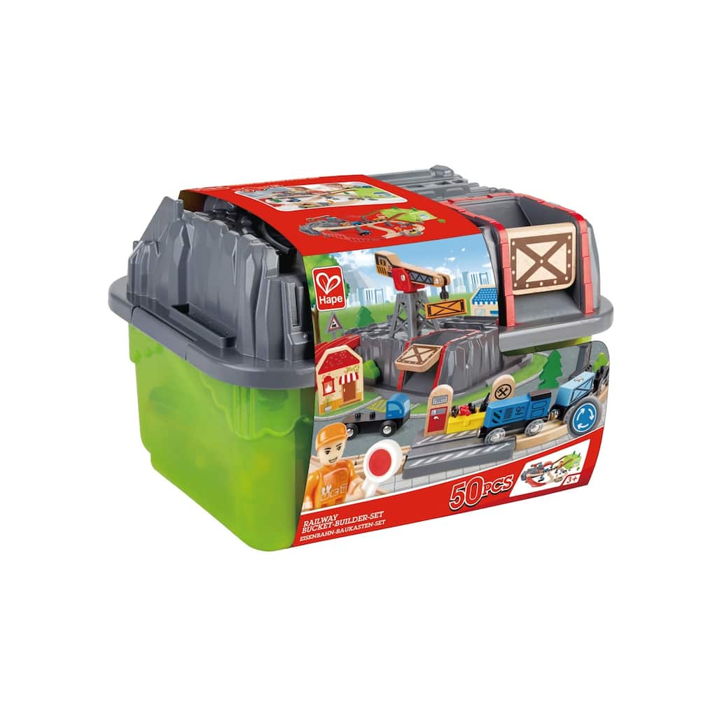 Hape Train Building Set in a Bucket, 50 Pieces - Multi