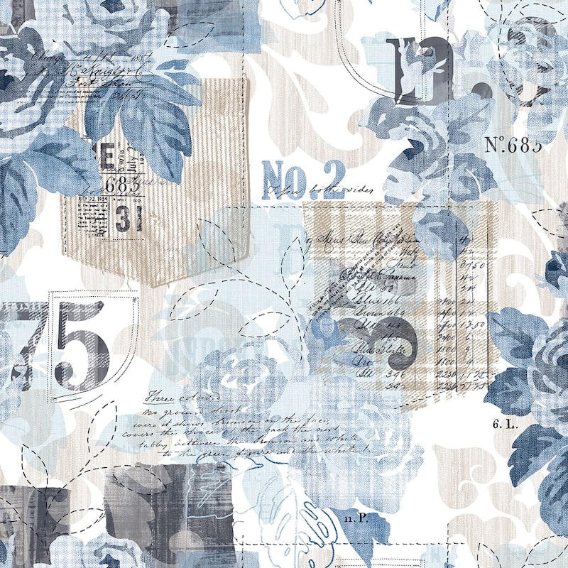 Galerie Wallcoverings Nordic Elements Floral Rose Patchwork Non-woven Matte Wallpaper Roll - 33 feet x 21 inches - Blue