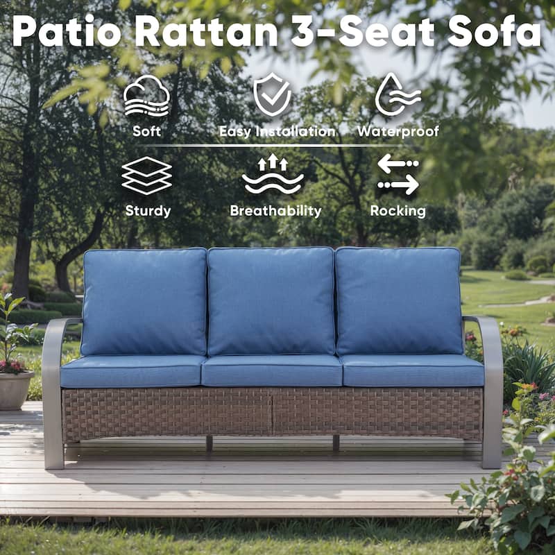 6 Pieces Fire Pit Table with Sofa Chair Ottoman Set - Blue cushion - Brown