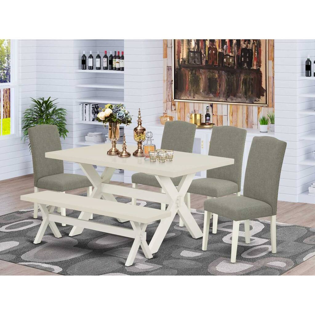HomeStock 6-Pc Rectangle Natural Oak Finish Solid Wood Top Dining Table with 1-Bench, 4-Chairs