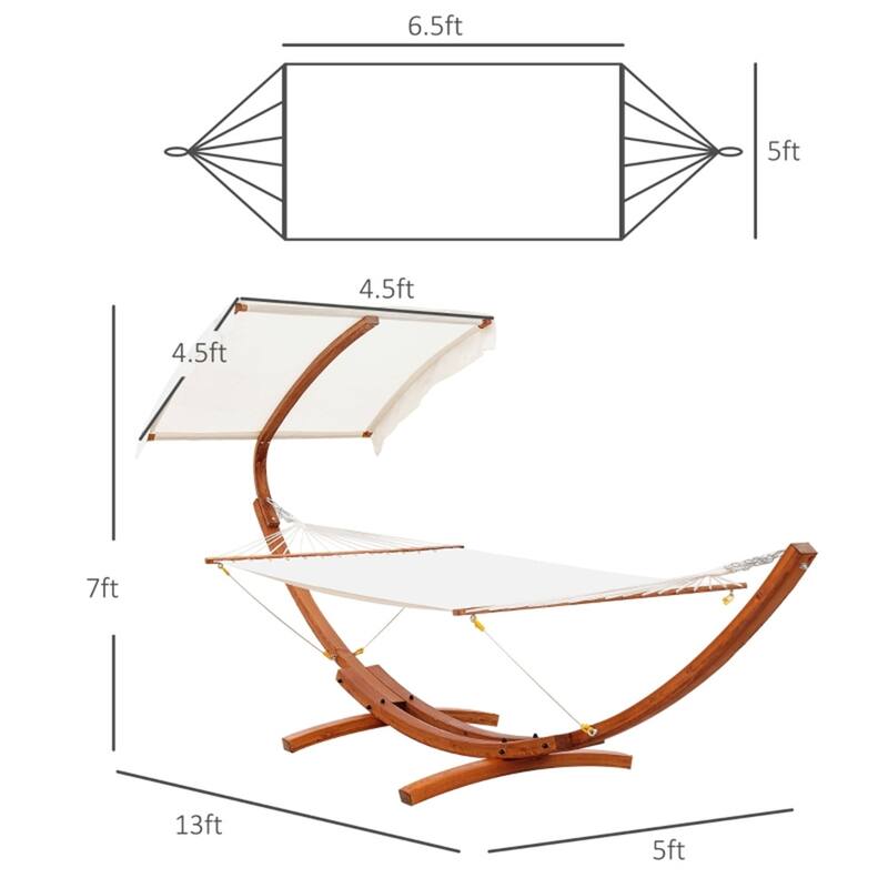 Wooden Hammock with Stand and Sun Canopy and Large Cotton Bed for Indoor Outdoor Relaxation - 157.5"L x 59"W x 84.75"H