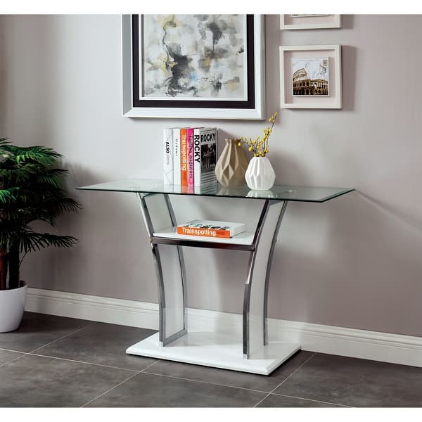 slide 2 of 6, Bofi Modern 48-inch Metal 2-Shelf Sofa Table by Furniture of America Glossy White