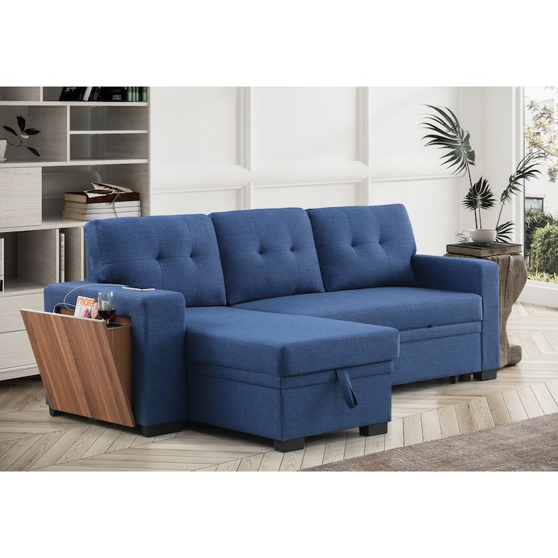 Linen L-Shaped Convertible Sectional Sofa Bed with Storage and Wooden Accent