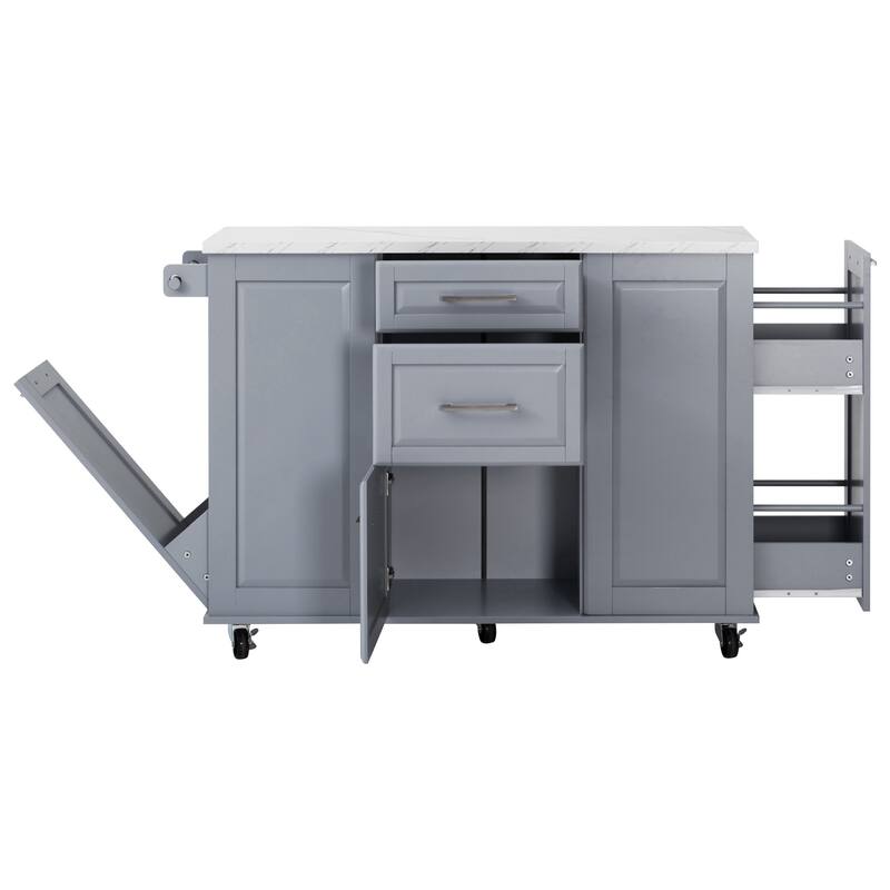 Kitchen Island Cart on Lockable Wheels with Drop Leaf, 2 Drawers & 1 Door, Rolling Island with Hidden Tilt-Out Trash Bin