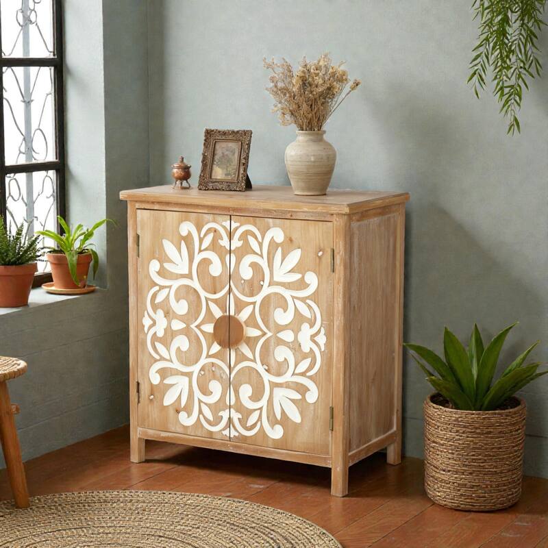Rustic Wooden Accent Cabinet with Floral Carved Doors, 2-Door Storage Sideboard for Living Room