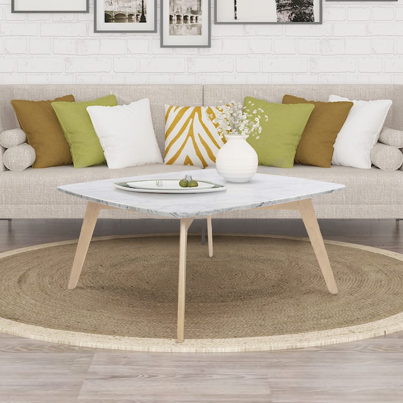 Vezzana 31" Square Italian Carrara White Marble Coffee Table with Oak Legs
