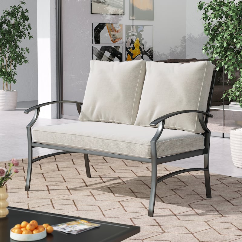 DREAMSIDEA Outdoor Metal Cushioned Loveseat Sofa - BEIGE