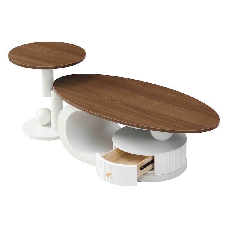 Nesting Coffee Table Set of 2, Wood Top Storage Center Table with Drawers, Oval Cocktail Table and Round Side Table Set