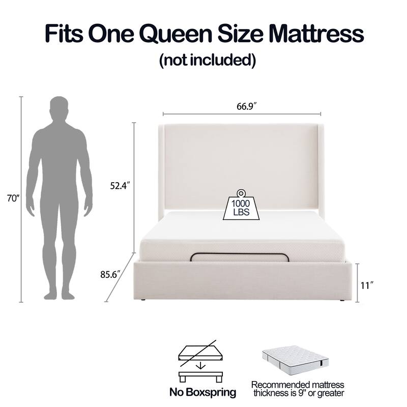 Queen Upholstered Wingback Bed with Adjustable Base, Ivory Chenille, Head & Foot Incline, Zero Gravity, Massage, App & Remote