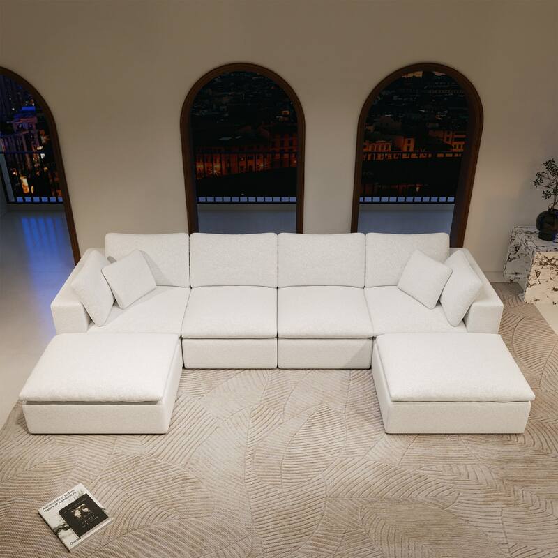 Roomfitters 137.8" Modular Sectional Sofa, 5-Piece Compressed Cloud Couch, No Assembly, Plush Corduroy, White