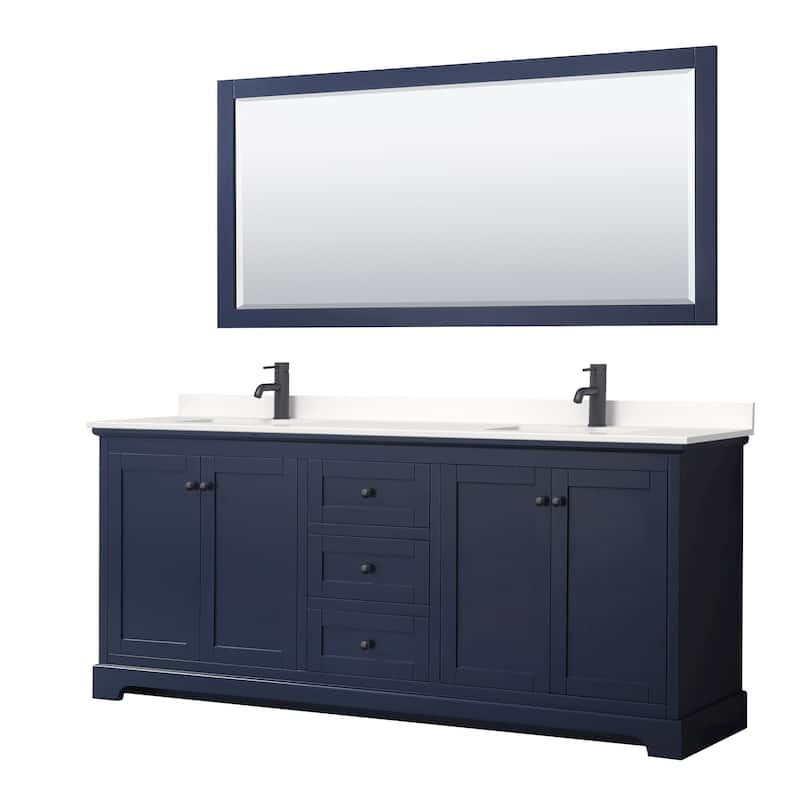 Wyndham Collection WCV232380D-QTZ-UNSM70 Avery 80" Free Standing - Dark Blue / White Quartz Top / Matte Black