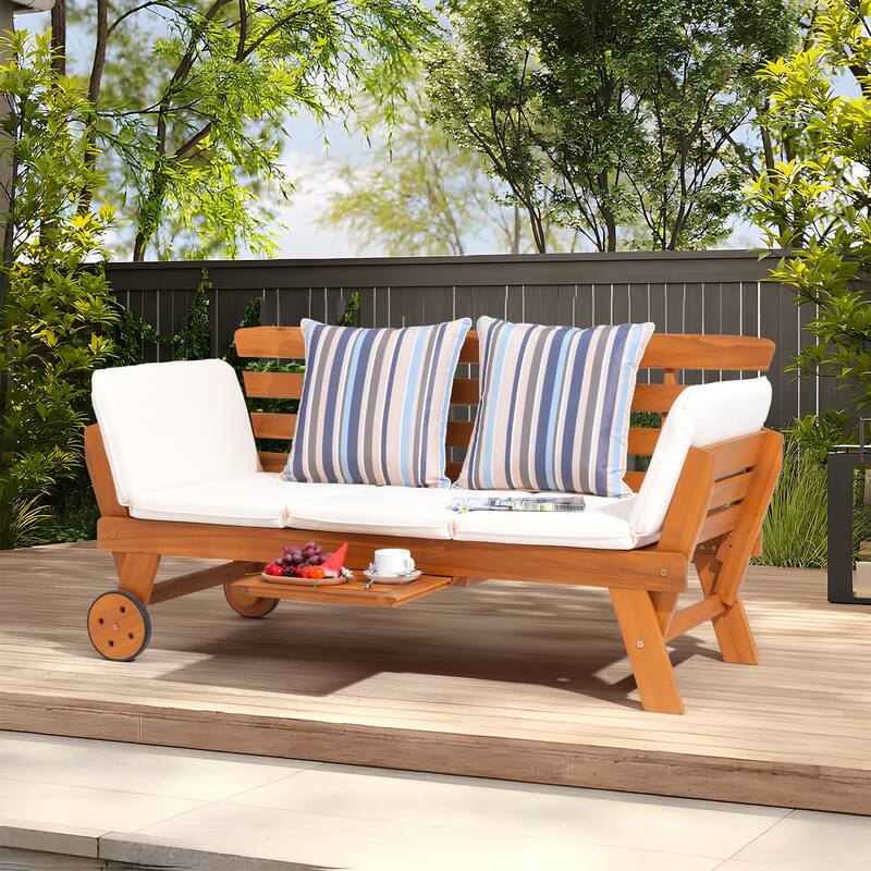 Outdoor Daybed Wooden Folding Lounge Chair with Front Tray and Wheels