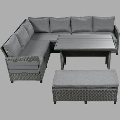 L-Shaped PE Rattan 5-Piece Outdoor Sofa Set with 2 Side Tables, Bench, and Dining Table, Comfortable Cushions