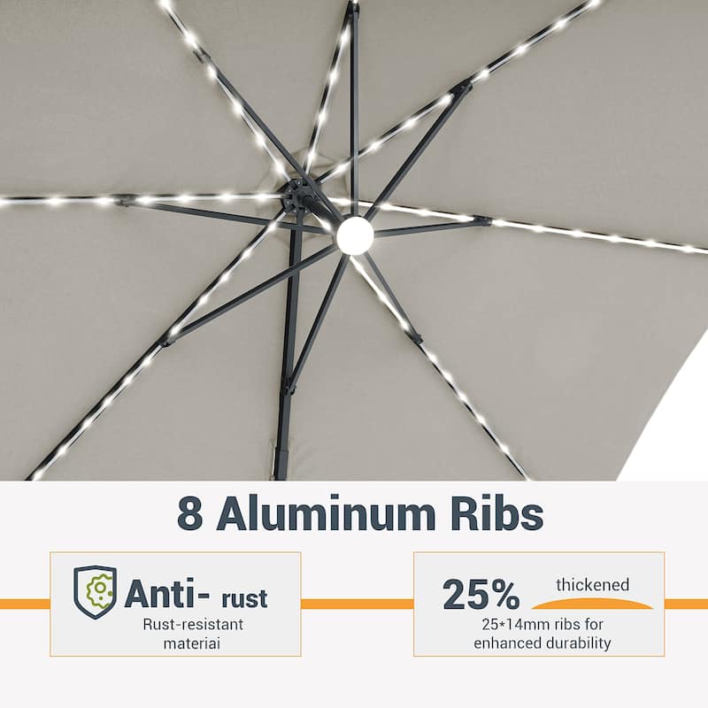 LIVOOSUN 11FT LED Round Patio Cantilever Umbrella With a Base