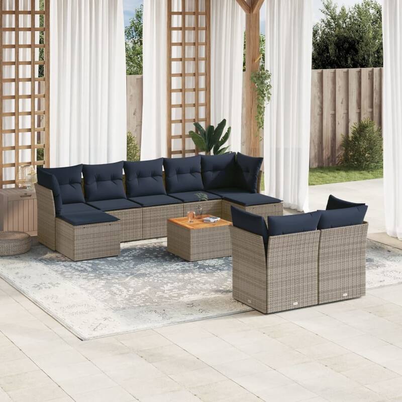vidaXL Patio Sofa Set with Cushions Outdoor Furniture 10 Piece Poly Rattan - 24.4x 24.4x 27.2 - Grey