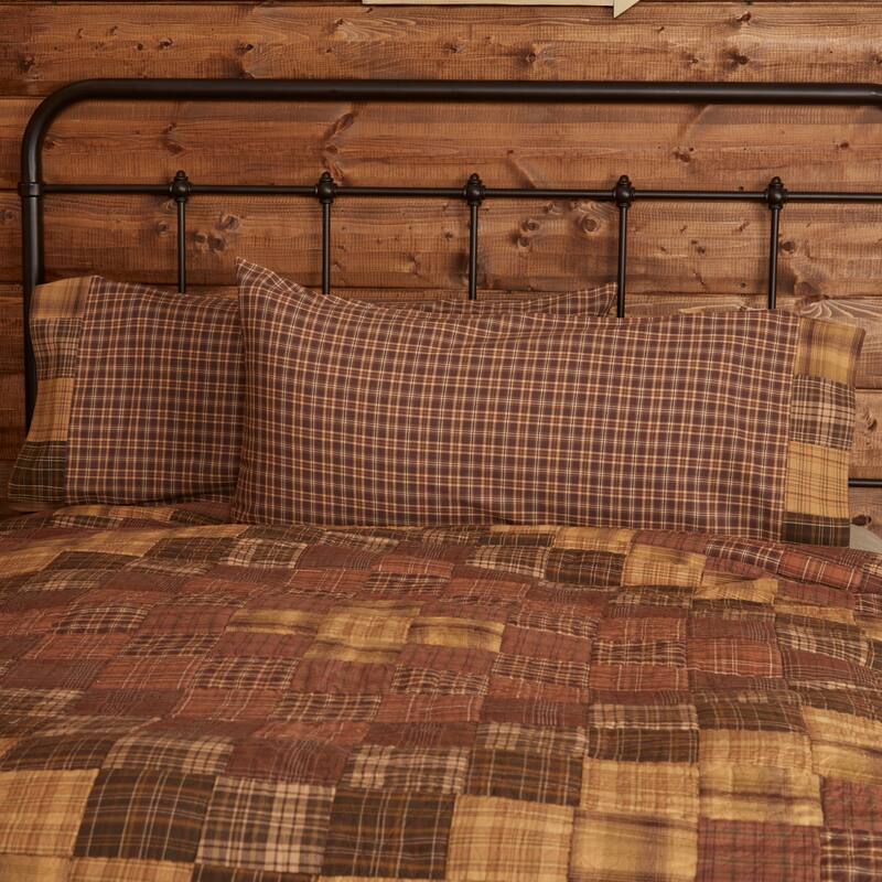 Brown Rustic Bedding VHC Prescott Block Border Pillow Case Set of 2 Cotton Plaid Patchwork