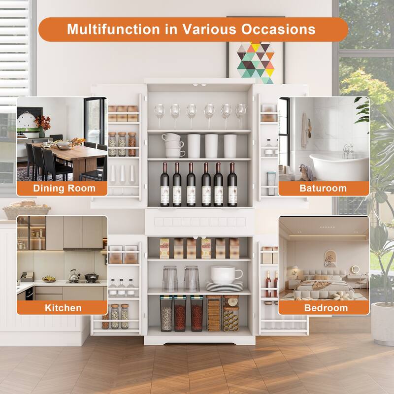 71.65" White Farmhouse Pantry Cabinet – Adjustable-Shelf Storage with 2 Cabinets & 6 Door Shelves, Freestanding Design .