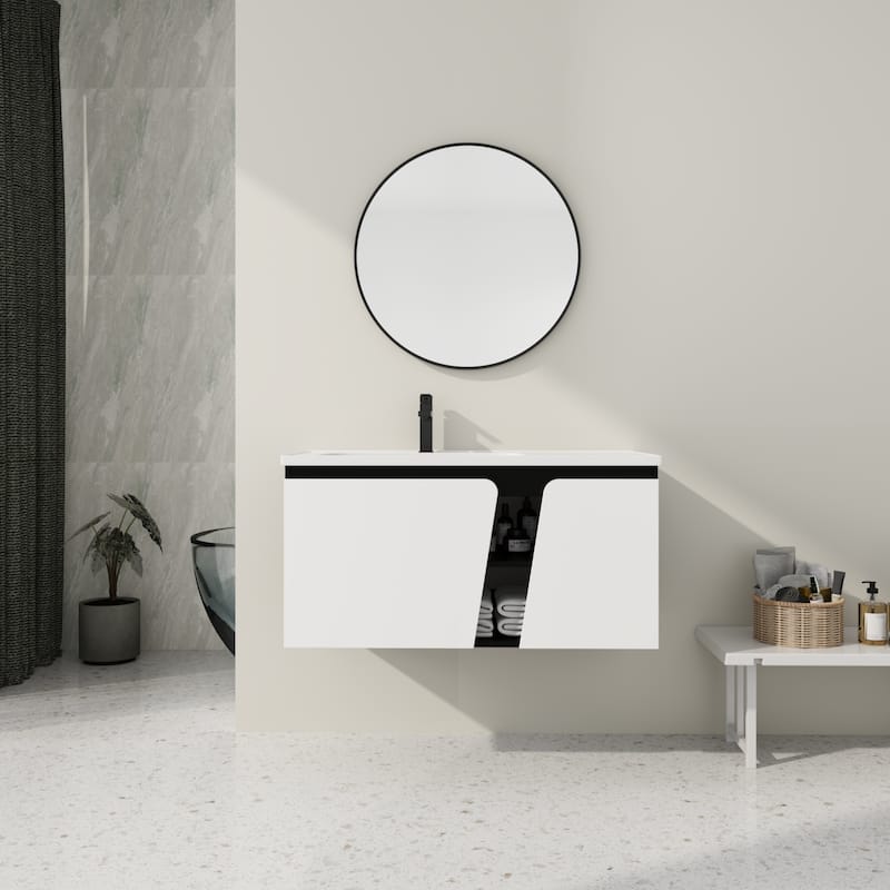 40'' Floating Wall-Mounted Bathroom Vanity with Ceramics Sink & Soft-Close Cabinet Door - White+Black