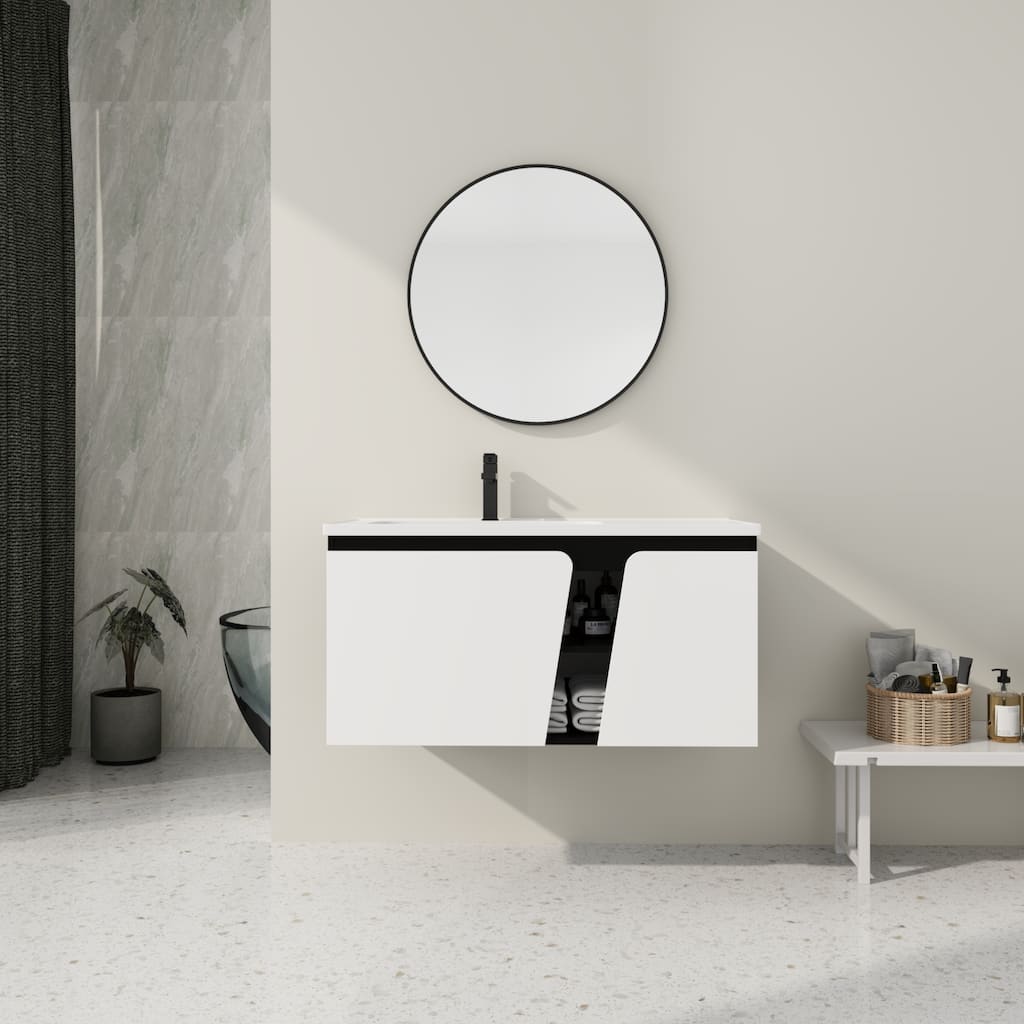 Wall-Mounted Bathroom Vanity with Soft-Close Doors, Ceramic Sink, Eco-Friendly Plywood Cabinet, Ample Storage - 39.6in L Plywood