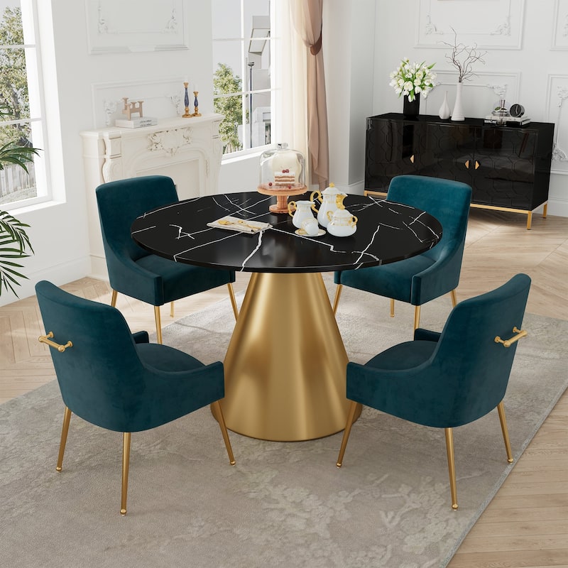 48" Marble Top Metal Dining Table with Velvet Dining Chair Set