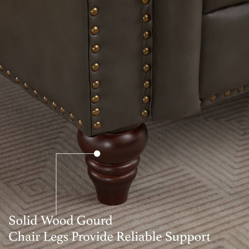 Vintage PU Button-Tufted Sofa Couch, Flared Arms, Rubberwood Legs & Nailhead Trim