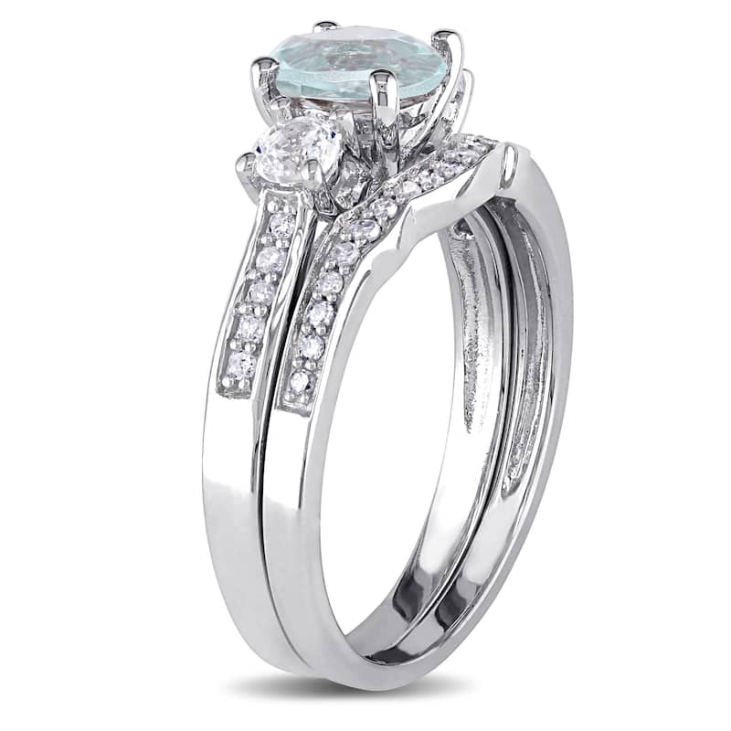Miadora 10k White Gold Aquamarine Created White Sapphire 1/7ct TDW Diamond 3-stone Bridal Ring Set